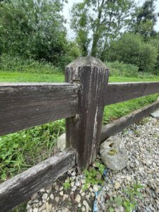 Damaged timber fence post before repair in Carlow showing severe weather damage and rot