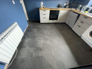Finished luxury vinyl tile flooring installation in kitchen, Carlow